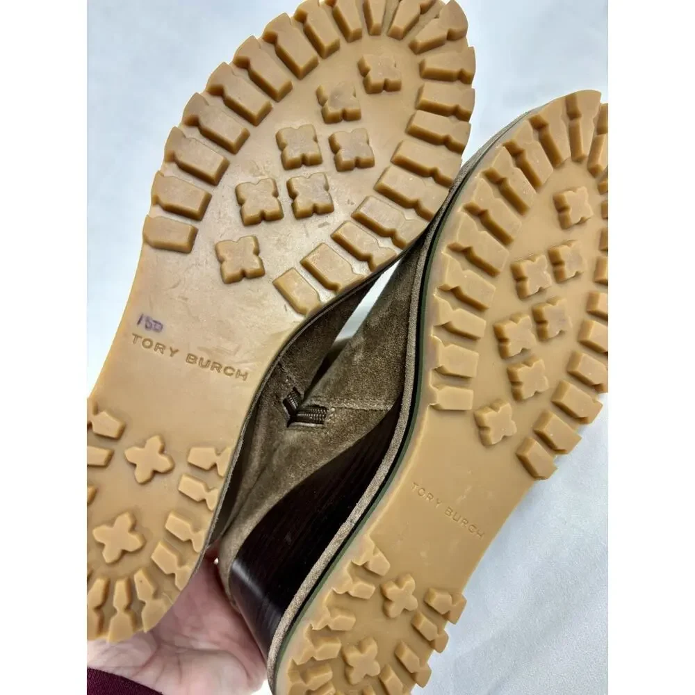 Tory Burch Wedge Boot River Rock Tan Brown Suede 8.5 M Lug Sole